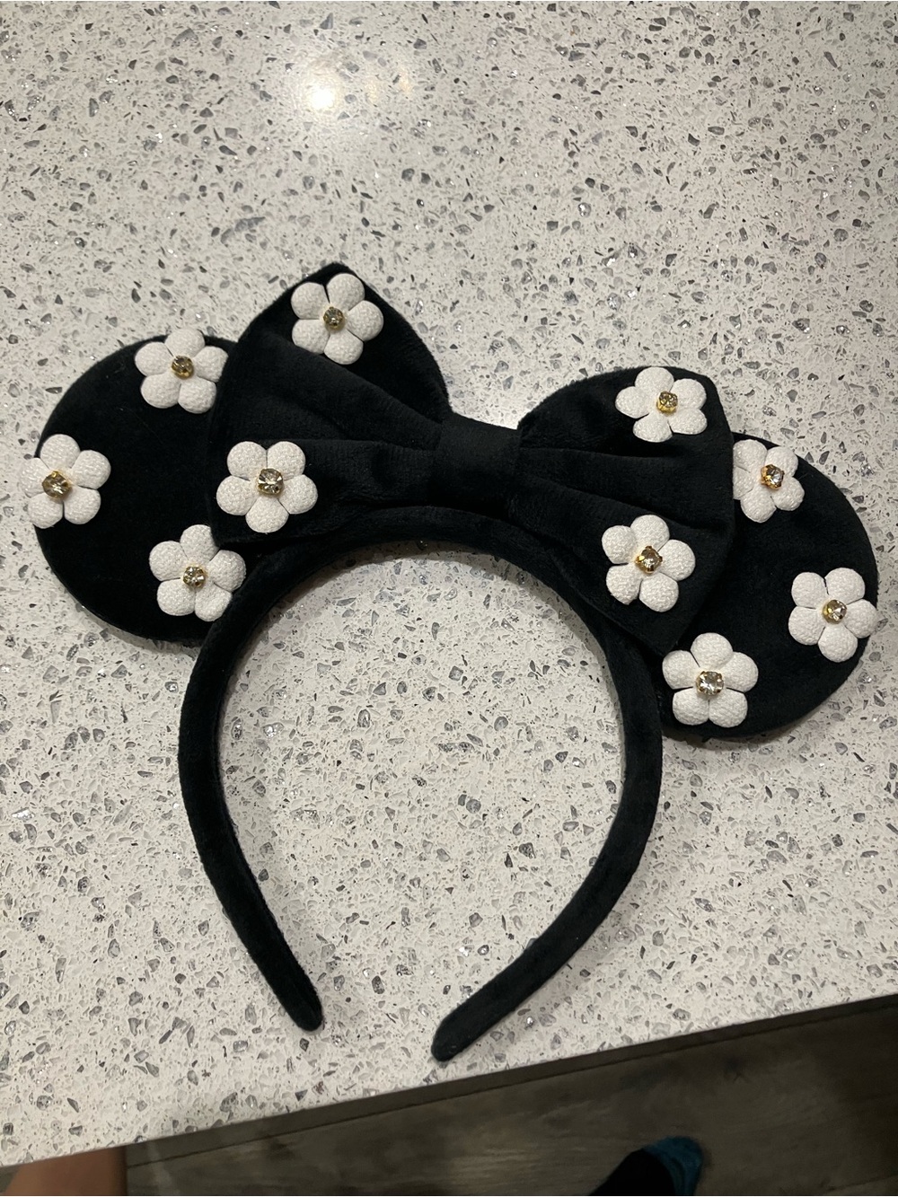 Black Velvet Minnie Ears Headband with White Floral & Rhinestone Accents